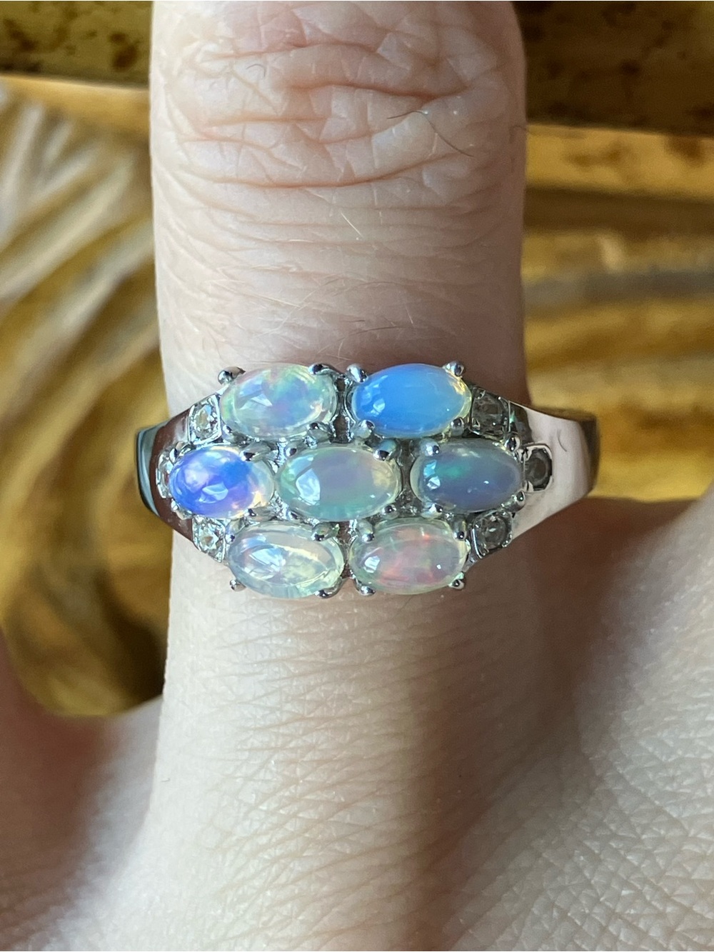 Natural Ethiopian Opal Sterling Silver Cluster Ring Size 8